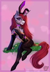 Size: 2681x3799 | Tagged: safe, alternate version, artist:copshop, imported from derpibooru, oc, oc only, oc:selune darkeye, pony, unicorn, body markings, bunny ears, bunny suit, clothes, coat markings, collar, cute, easter bunny, easter egg, egg, facial markings, female, female oc, grass, grass field, horn, looking at you, markings, mealy mouth (coat marking), pony oc, seductive, seductive look, seductive pose, smiling, smiling at you, socks, solo, tail, tail wrap, thigh highs