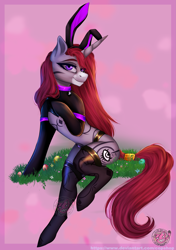 Size: 2681x3799 | Tagged: safe, alternate version, artist:copshop, imported from derpibooru, oc, oc only, oc:selune darkeye, pony, unicorn, body markings, bunny ears, clothes, coat markings, collar, cute, easter bunny, easter egg, egg, facial markings, female, female oc, grass, grass field, horn, looking at you, markings, mealy mouth (coat marking), pony oc, reverse bunny suit, seductive, seductive look, seductive pose, smiling, smiling at you, socks, solo, tail, tail wrap, thigh highs