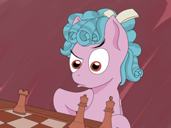 Size: 2000x1500 | Tagged: safe, artist:aklesswift, imported from derpibooru, cozy glow, earth pony, chess, chessboard, g4, simple background, solo, thinking