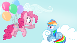 Size: 1280x720 | Tagged: safe, artist:mlplary6, imported from derpibooru, pinkie pie, rainbow dash, earth pony, pegasus, pony, backwards cutie mark, balloon, cloud, female, floating, friends, mare, sky, smiling, then watch her balloons lift her up to the sky