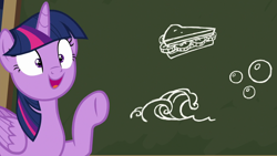 Size: 1280x720 | Tagged: safe, imported from derpibooru, screencap, twilight sparkle, alicorn, pony, ppov, season 6, female, folded wings, food, horn, mare, meme origin, open mouth, open smile, raised hoof, sandwich, shrunken pupils, smiling, solo, twilight sparkle (alicorn), twilight's blackboard, wave, wings