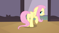 Size: 1280x720 | Tagged: safe, imported from derpibooru, screencap, fluttershy, pegasus, pony, filli vanilli, season 4, butt, cute, female, floppy ears, mare, plot, raised hoof, rear view, sad, shyabetes, solo, underhoof