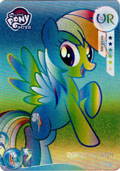Size: 727x1033 | Tagged: safe, imported from derpibooru, rainbow dash, pegasus, pony, card, female, g4, kayou, mare, merchandise, my little pony logo, official, scan, simple background, solo, text, trading card