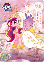 Size: 732x1030 | Tagged: safe, imported from derpibooru, princess cadance, alicorn, pony, canterlot, card, clothes, dress, female, g4, kayou, mare, merchandise, music notes, my little pony logo, official, scan, shoes, solo, text, trading card, trading card game, wedding dress, wedding veil