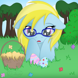 Size: 2048x2048 | Tagged: safe, artist:dawnshine, imported from derpibooru, oc, oc only, oc:cloud cuddler, pony, accessory, basket, commission, easter, easter egg, egg, female, floppy ears, glasses, grass, grass field, holiday, open mouth, solo, tree, ych result
