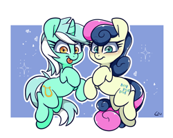 Size: 1748x1400 | Tagged: safe, artist:lou, imported from derpibooru, bon bon, lyra heartstrings, sweetie drops, earth pony, pony, unicorn, abstract background, duo, duo female, female, lesbian, lyrabon, mare, married couple, outline, shipping, tongue out, white outline