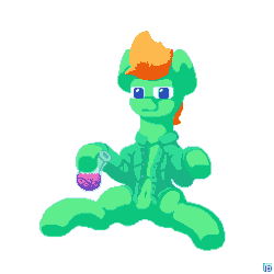 Size: 1024x1024 | Tagged: safe, artist:vohd, imported from derpibooru, oc, oc only, earth pony, pony, animated, butt, clothes, drinking, error, femboy, gender swap potion, gif, glitch, male, pixel art, plot, potion, rule 63, shirt, sitting, transformation, transgender transformation