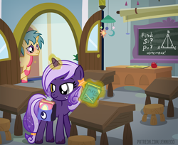 Size: 1200x977 | Tagged: safe, artist:jennieoo, imported from derpibooru, oc, oc:midnight twinkle, oc:sunshine drop, pony, unicorn, bag, blushing, book, chalkboard, classroom, female, filly, foal, school, show accurate, smiling