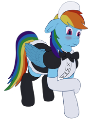 Size: 1412x1832 | Tagged: safe, artist:callichrome, imported from derpibooru, rainbow dash, pegasus, pony, blushing, bow, clothes, cute, dress, embarrassed, maid, rainbow maid, simple background, socks, solo, stockings, thigh highs, tomboy taming, transparent background