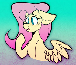 Size: 2412x2048 | Tagged: safe, artist:trash0king, imported from derpibooru, fluttershy, pegasus, pony, abstract background, bust, female, floppy ears, high res, mare, no pupils, open mouth, portrait, raised hoof, solo, spread wings, three quarter view, wings