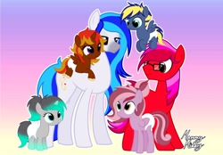 Size: 2048x1423 | Tagged: safe, artist:mommymidday, imported from derpibooru, oc, oc only, oc:hooklined, oc:midnight magic, oc:ruby star, oc:talia lilac, alicorn, earth pony, pegasus, pony, unicorn, abdl, adult foal, commission, diaper, gradient background, gradient hooves, gradient mane, gradient tail, group, hooves, multicolored hair, show accurate, simple background, tail