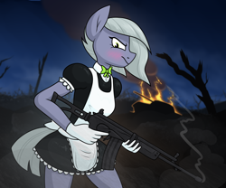 Size: 1806x1500 | Tagged: safe, alternate version, artist:moonatik, imported from derpibooru, limestone pie, anthro, earth pony, alternate timeline, angry, apron, battlefield, blushing, bowtie, clothes, dress, female, fire, galil, gloves, gun, maid, mare, military pony, new lunar millennium, night, nightmare takeover timeline, rifle, skirt, smoke, soldier, solo, tank (vehicle), trigger discipline, unamused, uniform, weapon