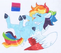 Size: 3389x2922 | Tagged: safe, artist:frozensoulpony, imported from derpibooru, rainbow dash, pegasus, pony, butt, colored wings, description is relevant, lying down, on back, plot, pride flag, solo, traditional art, two toned wings, wings