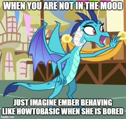 Size: 532x500 | Tagged: safe, edit, edited screencap, imported from derpibooru, screencap, princess ember, dragon, triple threat, caption, cropped, female, how to basic, image macro, meme, smiling, solo, text