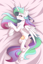 Size: 1280x1921 | Tagged: safe, artist:natanvok, imported from derpibooru, princess celestia, alicorn, pony, body pillow, body pillow design, butt, cute, cutelestia, dock, eyes closed, lying down, missing accessory, on side, plot, smiling, solo, tail, underhoof