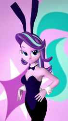 Size: 900x1600 | Tagged: safe, artist:oatmeal!, imported from derpibooru, starlight glimmer, human, equestria girls, 3d, bowtie, breasts, bunny ears, bunny suit, busty starlight glimmer, cleavage, clothes, cuffs (clothes), cutie mark, cutie mark background, easter, easter bunny, gmod, hand on hip, holiday, leotard, looking at you, pantyhose, playboy bunny, sexy, simple background, smiling, solo