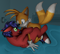 Size: 2750x2500 | Tagged: safe, artist:sanic-x, imported from derpibooru, oc, pegasus, pony, crossover, crossover shipping, gay, looking at each other, looking at someone, lying down, male, miles "tails" prower, on back, shipping, sonic the hedgehog (series)