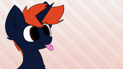 Size: 4444x2500 | Tagged: safe, artist:monycaalot, imported from derpibooru, oc, oc only, oc:fizakn catto, pony, unicorn, abstract background, blue skin, brown eyes, commission, cute, horn, male, tongue out, unicorn oc