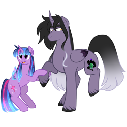 Size: 1280x1280 | Tagged: safe, artist:gingygin, imported from derpibooru, twilight sparkle, oc, oc:penumbra, alicorn, pony, duo, ethereal mane, female, height difference, male, male alicorn, mare, mother and child, mother and son, offspring, parent:king sombra, parent:twilight sparkle, parents:twibra, simple background, stallion, starry mane, transparent background, twilight sparkle (alicorn), unshorn fetlocks