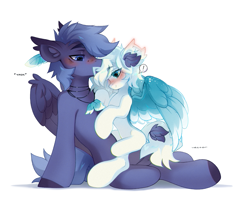 Size: 2400x2000 | Tagged: safe, artist:zlatavector, imported from derpibooru, oc, oc only, oc:avis, oc:leena, pegasus, blushing, commission, couple, feather, female, high res, kissing, male, mare, pegasus oc, size difference, smack, stallion