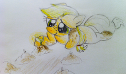 Size: 1280x760 | Tagged: safe, artist:kluzart, imported from derpibooru, applejack, pony, cute, female, filly, foal, jackabetes, solo, traditional art