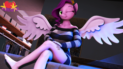 Size: 3840x2160 | Tagged: safe, artist:marianokun, imported from derpibooru, pipp petals, anthro, pegasus, 3d, barefoot, bed, breasts, busty pipp petals, coat markings, crossed legs, feet, g4, g5, g5 to g4, generation leap, looking at you, nail polish, one eye closed, socks (coat markings), solo, source filmmaker, spread wings, toenail polish, wings, wink, winking at you