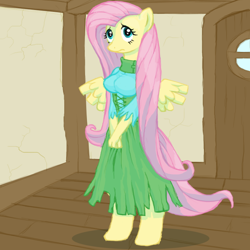 Size: 800x800 | Tagged: safe, artist:lonelyworld, imported from derpibooru, fluttershy, anthro, pegasus, unguligrade anthro, breasts, clipped wings, clothes, commission, door, dress, female, hands together, indoors, mare, sad, solo, spread wings, torn clothes, wings