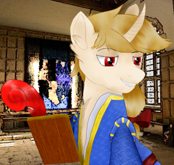 Size: 2314x2190 | Tagged: safe, artist:uncreative, imported from derpibooru, oc, oc only, oc:regal inkwell, unicorn, chest fluff, clipboard, clothes, curved horn, doublet, ear fluff, horn, male, medieval, nobility, quill, smug, solo, stallion