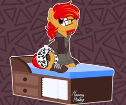 Size: 1964x1639 | Tagged: safe, artist:mommymidday, imported from derpibooru, oc, oc only, earth pony, pony, abdl, adult foal, boots, changing table, clothes, diaper, diaper fetish, earth pony oc, ex raider, fetish, glasses, male, non-baby in diaper, shoes, show accurate, signature, solo, stallion