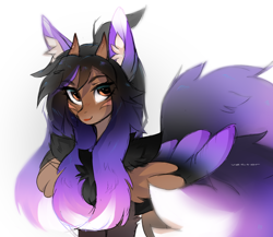 Size: 2300x2000 | Tagged: safe, artist:zlatavector, imported from derpibooru, oc, oc only, oc:alexus nictivia, hybrid, pegasus, pony, chest fluff, clothes, colored wings, commission, eyebrows, eyebrows visible through hair, feathered wings, female, high res, horns, long ears, looking at you, mare, multiple tails, sketch, socks, solo, spread wings, tail, thigh highs, two tails, two toned wings, wings