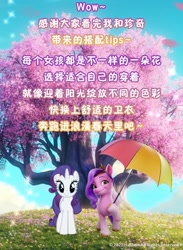 Size: 1080x1476 | Tagged: safe, imported from derpibooru, pipp petals, rarity, pegasus, pony, unicorn, 2d, 3d, adorapipp, cherry tree, china, chinese, cute, friendly, g4, g5, grass, joyful, looking at you, my little pony: a new generation, official, pink, ponies, salvaged, smiling, smiling at you, sparkles, standing, together, tree, umbrella, weibo, weixin