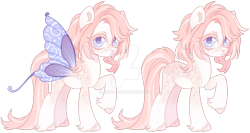 Size: 1024x544 | Tagged: safe, artist:miioko, imported from derpibooru, oc, oc only, pony, butterfly wings, deviantart watermark, duo, obtrusive watermark, raised hoof, simple background, transparent background, watermark, wings