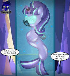 Size: 3840x4154 | Tagged: safe, artist:damlanil, imported from derpibooru, starlight glimmer, mermaid, merpony, pony, unicorn, air tank, alternate scenario, bdsm, bodysuit, bondage, catsuit, clothes, comic, commission, encasement, female, horn, horn ring, implied rarity, implied twilight sparkle, jewelry, latex, latex suit, magic suppression, mare, punish the villain, rebreather, ring, rubber, s5 starlight, shiny, show accurate, solo, speech bubble, story, story included, straitjacket, suit, text, twilight's castle, underwater, vector, water tank