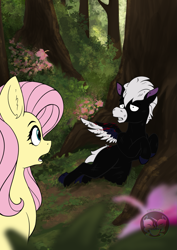 Size: 935x1323 | Tagged: safe, artist:calena, imported from derpibooru, fluttershy, oc, oc:peter pegasus, pegasus, pony, blood, blurry background, crossover, fanfic art, fantasia, forest, injured, looking at each other, looking at someone, offscreen character, tree, wings