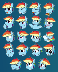 Size: 960x1200 | Tagged: safe, artist:dacaoo, imported from derpibooru, rainbow dash, pegasus, pony, blushing, egghead dash, emoticon, facehoof, food, glasses, pillow, pizza, red eyes, shrug, sleeping, solo, sticker, sunglasses, that pony sure does love pizza, tongue out, tsunderainbow, tsundere
