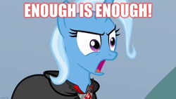 Size: 1280x720 | Tagged: safe, edit, edited screencap, imported from derpibooru, screencap, trixie, pony, unicorn, magic duel, alicorn amulet, cape, clothes, evil trixie, female, mare, open mouth, solo, text