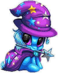 Size: 1026x1278 | Tagged: safe, artist:dasheroni, artist:pridark, imported from derpibooru, trixie, pony, unicorn, big eyes, cape, clothes, cute, female, filly, foal, hat, magic wand, manepxls, mouth hold, pixel art, pxls.space, simple background, sitting, solo, transparent background, trixie's cape, trixie's hat, wand