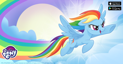 Size: 1200x630 | Tagged: safe, imported from derpibooru, rainbow dash, pegasus, pony, facebook, flying, gameloft, my little pony logo, official, rainbow trail, solo