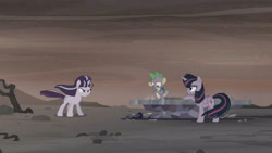 Size: 3410x1920 | Tagged: safe, imported from derpibooru, screencap, spike, starlight glimmer, twilight sparkle, alicorn, dragon, pony, season 5, the cutie re-mark, alternate timeline, ashlands timeline, backpack, barren, cutie map, female, high res, implied genocide, male, mare, post-apocalyptic, s5 starlight, trio, twilight sparkle (alicorn), wasteland