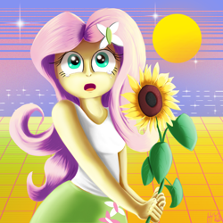 Size: 1500x1500 | Tagged: safe, artist:jphyperx, imported from derpibooru, fluttershy, butterfly, equestria girls, anti-war, beach, flower, looking up, retrowave, sad, solo, stars, sun, sunflower, synthwave, teary eyes, ukraine, vaporwave