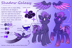 Size: 4500x3000 | Tagged: safe, artist:shad0w-galaxy, imported from derpibooru, oc, oc only, oc:shadow galaxy, pegasus, pony, alternate design, chest fluff, colored wings, cute, ear fluff, ethereal mane, fangs, female, flight trail, floating wings, flying, folded wings, gradient background, gradient hooves, gradient mane, gradient tail, gradient wings, high res, hooves, mare, multeity, multicolored hair, open mouth, purple eyes, raised hoof, reference sheet, smiling, solo, speed trail, spread wings, starry eyes, starry mane, starry wings, tail, text, unshorn fetlocks, wingding eyes, wings