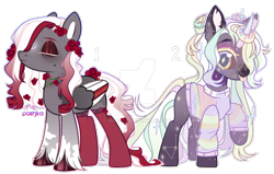 Size: 1024x650 | Tagged: safe, artist:miioko, imported from derpibooru, oc, oc only, pegasus, pony, unicorn, clothes, deviantart watermark, female, flower, flower in hair, horn, horn ring, jewelry, mare, obtrusive watermark, pegasus oc, raised hoof, ring, simple background, transparent background, unicorn oc, watermark, wings