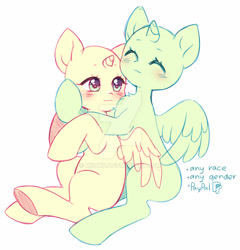 Size: 1024x1067 | Tagged: safe, artist:miioko, imported from derpibooru, oc, oc only, alicorn, pony, alicorn oc, blushing, commission, deviantart watermark, duo, eyelashes, eyes closed, horn, hug, obtrusive watermark, sitting, sleeping, underhoof, watermark, wings, your character here