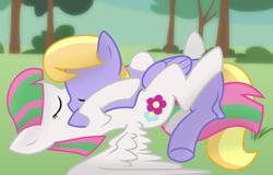 Size: 1920x1226 | Tagged: safe, artist:ciudadmagica, artist:grapefruit-face, edit, imported from derpibooru, blossomforth, cloud kicker, pony, base used, cloudforth, duo, eyes closed, female, lesbian, outdoors, shipping, sleeping