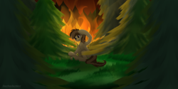 Size: 4096x2048 | Tagged: safe, artist:darbedarmoc, imported from derpibooru, earth pony, pony, fear, fire, forest, night, solo