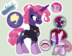 Size: 1024x798 | Tagged: safe, artist:stormcloud-yt, imported from derpibooru, pinkie pie, tempest shadow, oc, pony, unicorn, the ending of the end, the last problem, base used, broken horn, clothes, coat markings, eyelashes, female, filly, foal, glow, glowing horn, horn, magical lesbian spawn, mare, offspring, parent:pinkie pie, parent:tempest shadow, parents:tempestpie, screencap reference, simple background, socks (coat markings)
