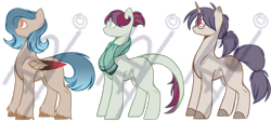 Size: 1936x878 | Tagged: safe, artist:purplegrim40, imported from derpibooru, oc, oc only, earth pony, pegasus, pony, unicorn, base used, clothes, colored hooves, earth pony oc, female, horn, mare, pegasus oc, reference sheet, scarf, simple background, smiling, transparent background, unicorn oc, wings