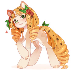 Size: 1024x961 | Tagged: safe, artist:miioko, imported from derpibooru, oc, oc only, pony, unicorn, deviantart watermark, food, heart, hoof polish, horn, obtrusive watermark, raised hoof, simple background, solo, tomato, unicorn oc, watermark, white background