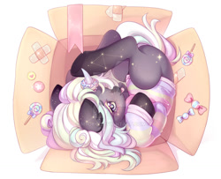 Size: 1024x832 | Tagged: safe, artist:miioko, imported from derpibooru, oc, oc only, pony, unicorn, :p, box, candy, cardboard box, clothes, commission, deviantart watermark, female, food, horn, horn ring, jewelry, mare, obtrusive watermark, pony in a box, ring, solo, starry eyes, tongue out, unicorn oc, watermark, wingding eyes, ych result