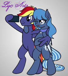 Size: 868x965 | Tagged: safe, artist:linedraweer, imported from derpibooru, oc, oc only, oc:rainbow lightspeed, oc:whirly bat, bat pony, pegasus, pony, bipedal, hug, not luna, one eye closed, selfie, side hug, tongue out, winghug, wings, wink